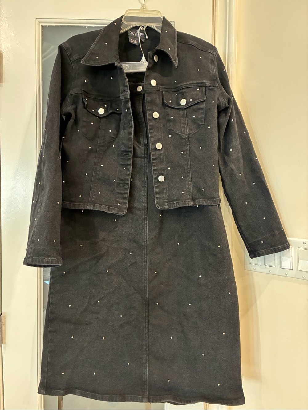 Carole Little Black Jean skirt suit. Jacket size 12 and skirt size 14.